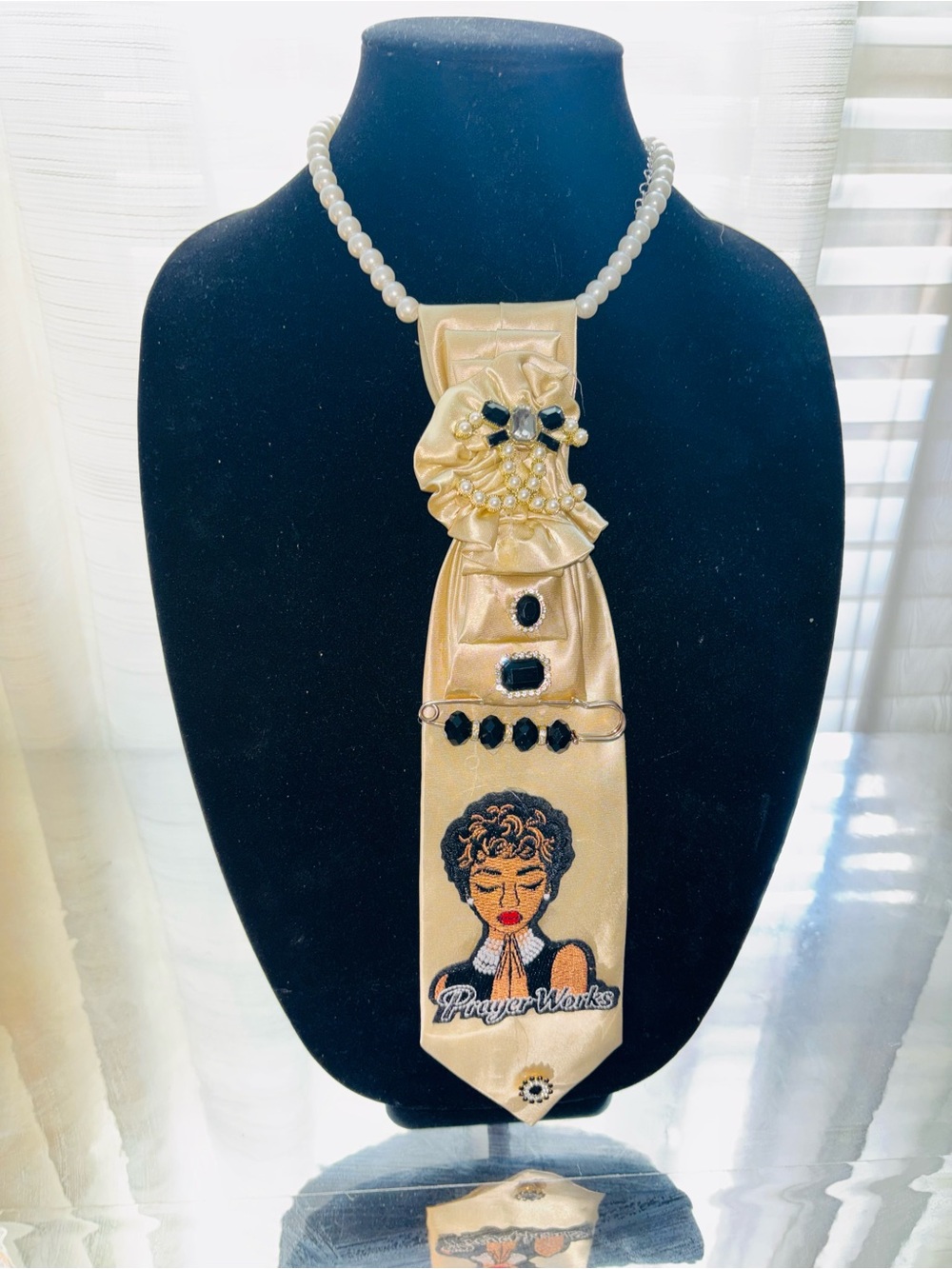 Gold Satin Statement Necklace with Pearl Bead Chain